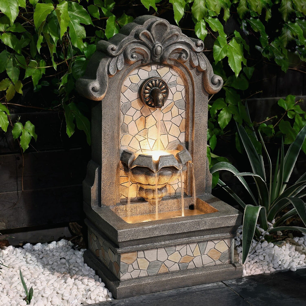 Wall Gray Lights 27" Freestanding Mosaic Resin Outdoor with LuxenHome Fountain Water H