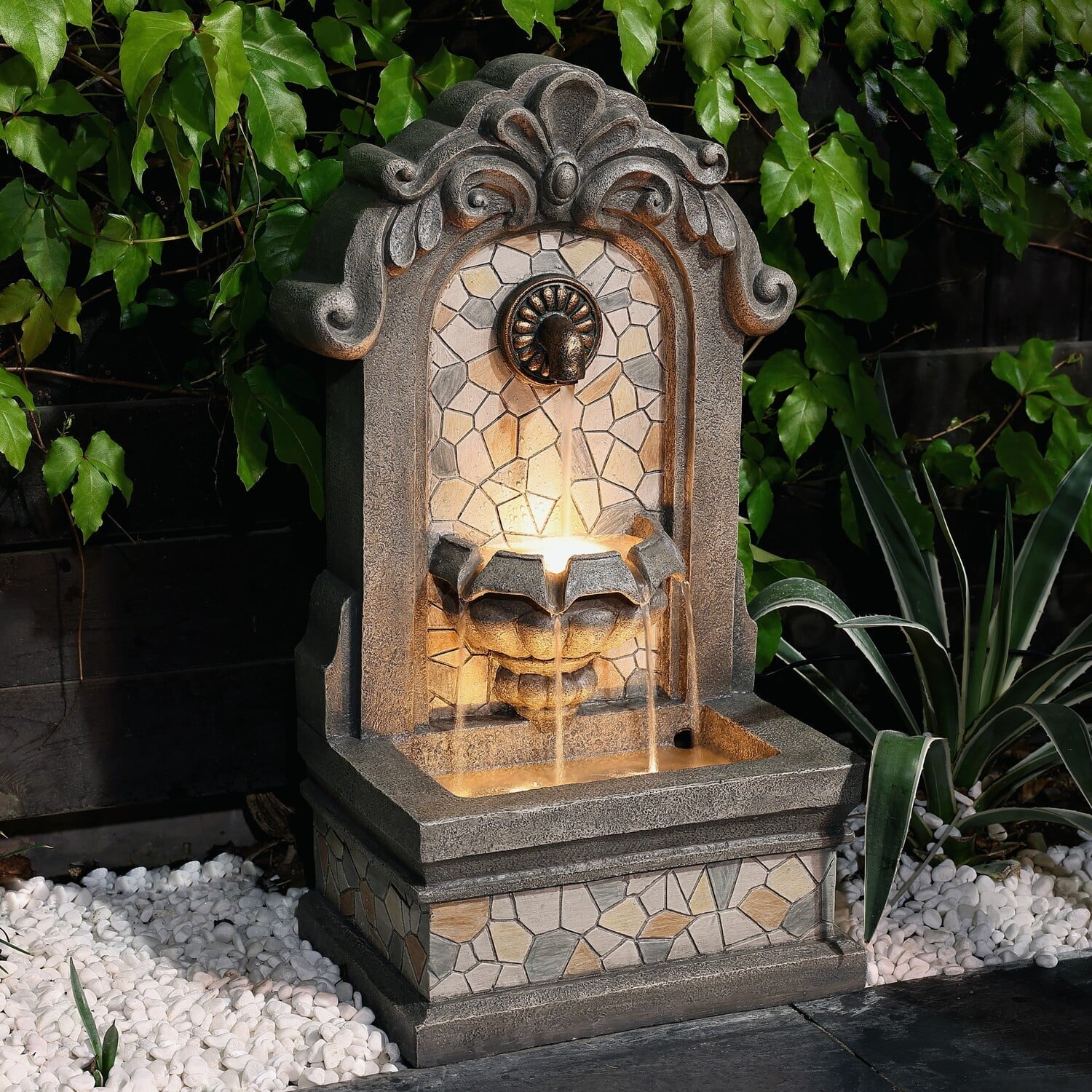 Wall Gray Lights 27" Freestanding Mosaic Resin Outdoor with LuxenHome Fountain Water H