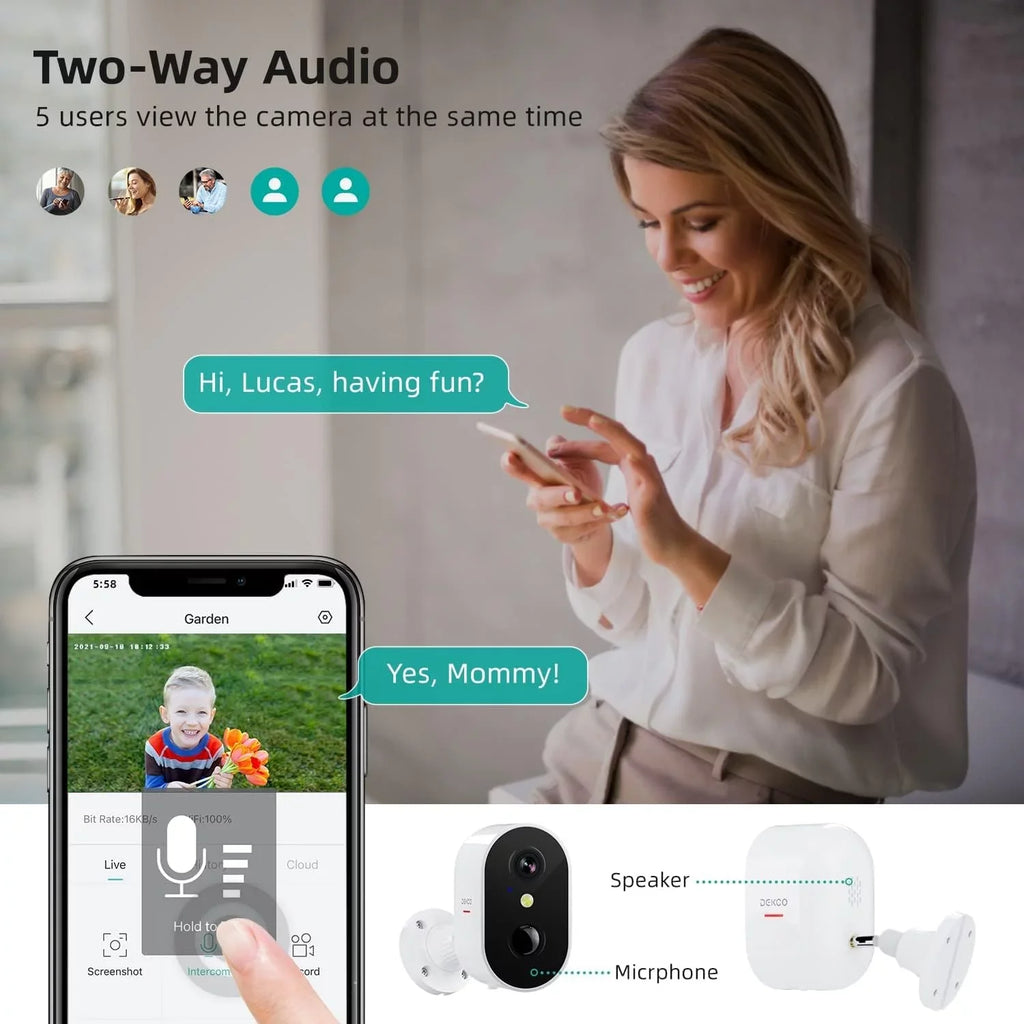 Motion Camera Wireless Siren,Rechargeable Outdoor /Indoor Security Battery Vision DEKCO & with Spotlight Color Detection 2K Night 2-Way WiFi Audio Surveillance Camera with Home Powered