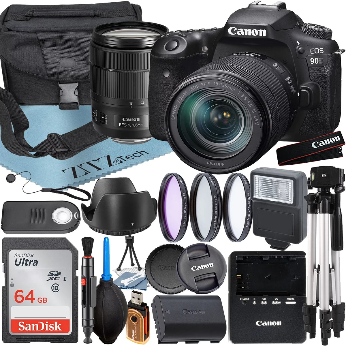 Bundle + + Camera DSLR 18-135mm 90D Accessory Case EOS Lens + Filter Canon IS Flash + 64GB USM ZeeTech with + SanDisk Card Pieces 3