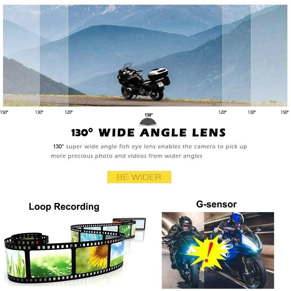 No 1080P VSYSTO & Channels Recording, Cam, G-sensor 2 Front Loop Motorcycle Angle Video Recorder, Camera Wide WiFi Screen HD Dash Rear Vision Driving Night 130°
