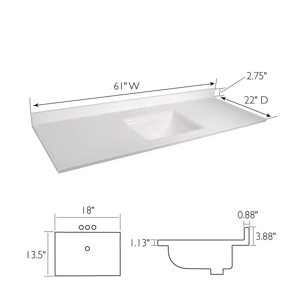 Top Centerset Vanity Solid Marble Camilla Single Integrated Cultured House with 61-inch Design Mount White Bow Backsplash, 557660-WHT Rectangle