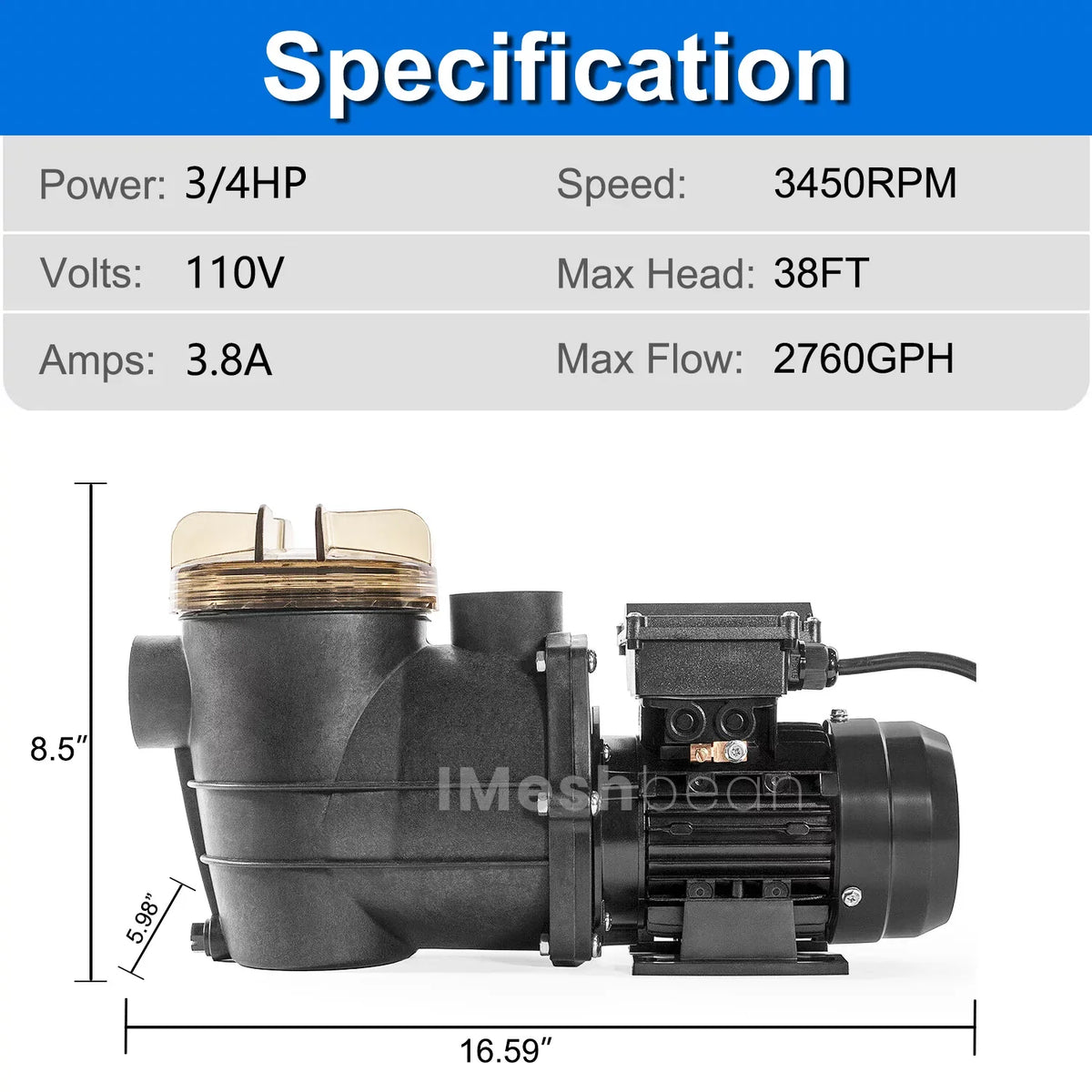 Motor 3/4HP Pool Ground Strainer Swimming Pool Head 38FT, Ground Pump, Max for Swimming and 2760GPH, Inground 110V, iMeshbean Pool Basket Above Above Water w/ Circulation,