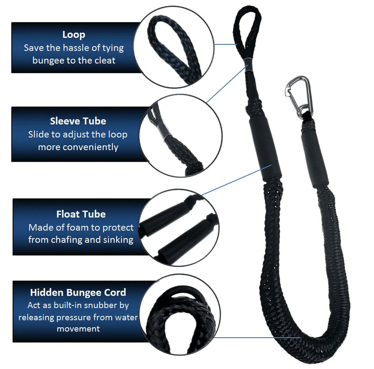 Snap White) Pontoon Dock (Black PWC Line Water Kayak Pack 4'-5.5' Pactrade Use and Fresh Ski Salt Marine Hook Boat Rope Bungee Mooring with Jet 2 & SS316