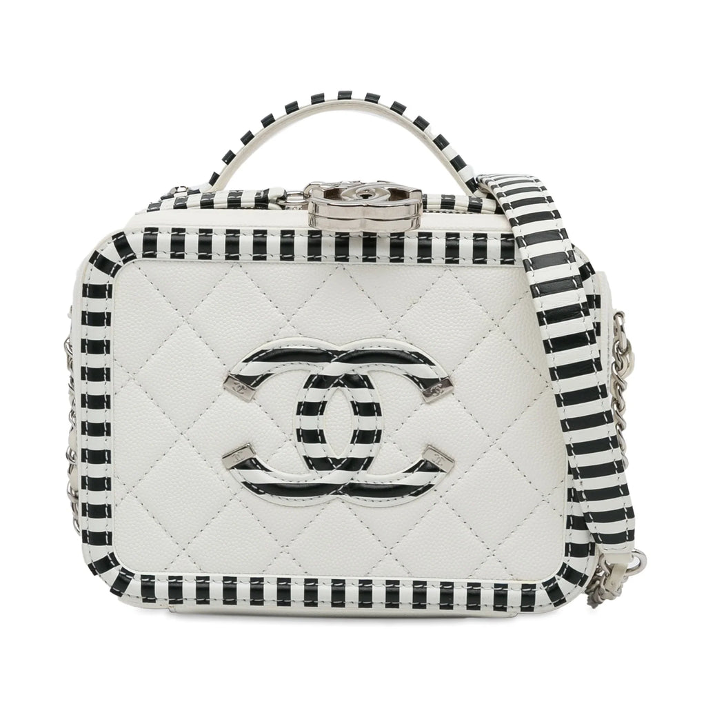 (Like Chanel Unisex Filigree Pre-Owned New) Small Caviar Bag Authenticated Leather Vanity CC White