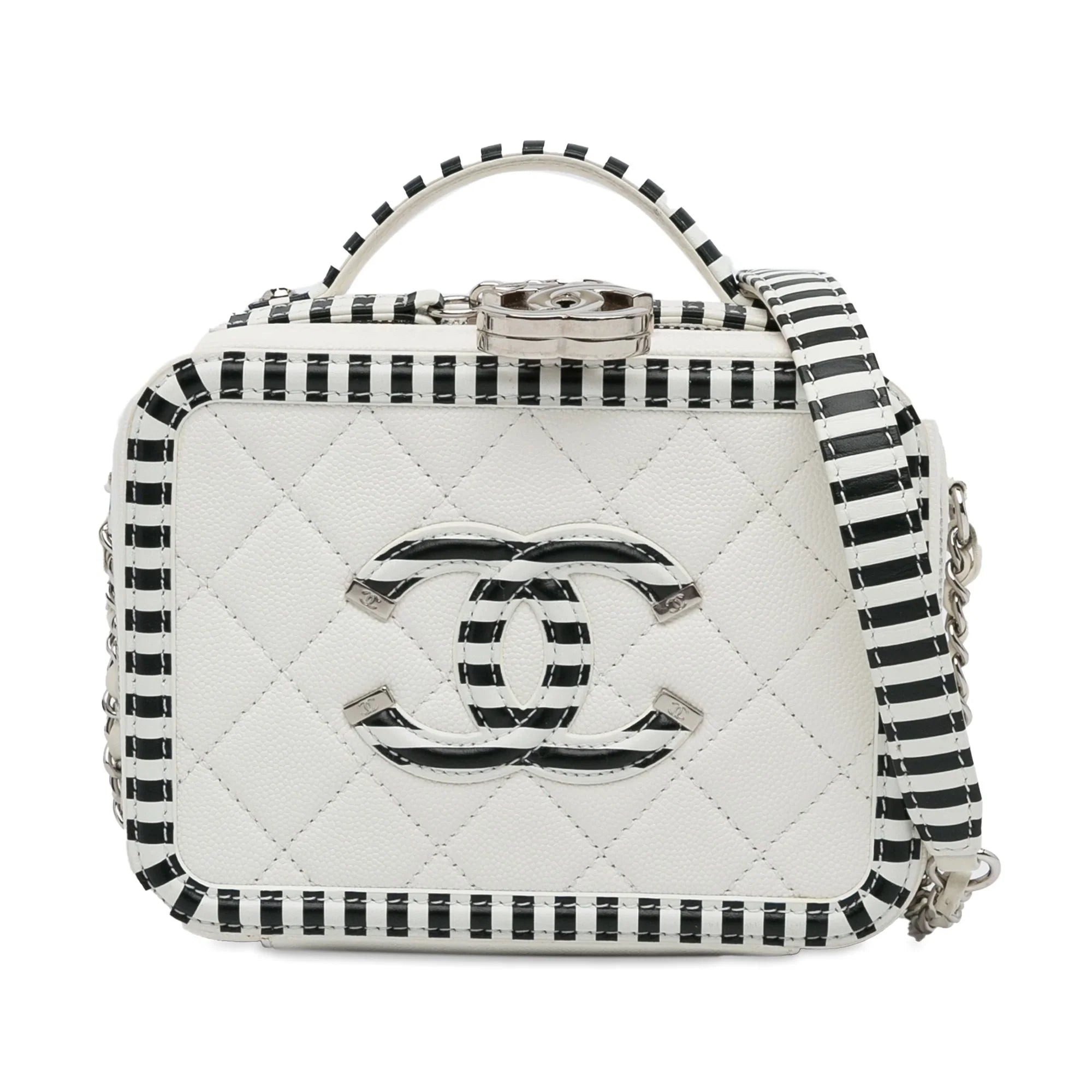 (Like Chanel Unisex Filigree Pre-Owned New) Small Caviar Bag Authenticated Leather Vanity CC White