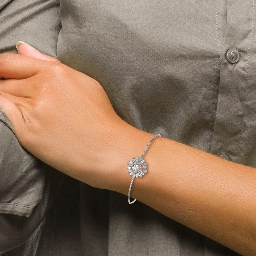 Sterling 925 Auriga Women Floral for CZ Adjustable Silver Rhodium-plated Bolo Bracelet