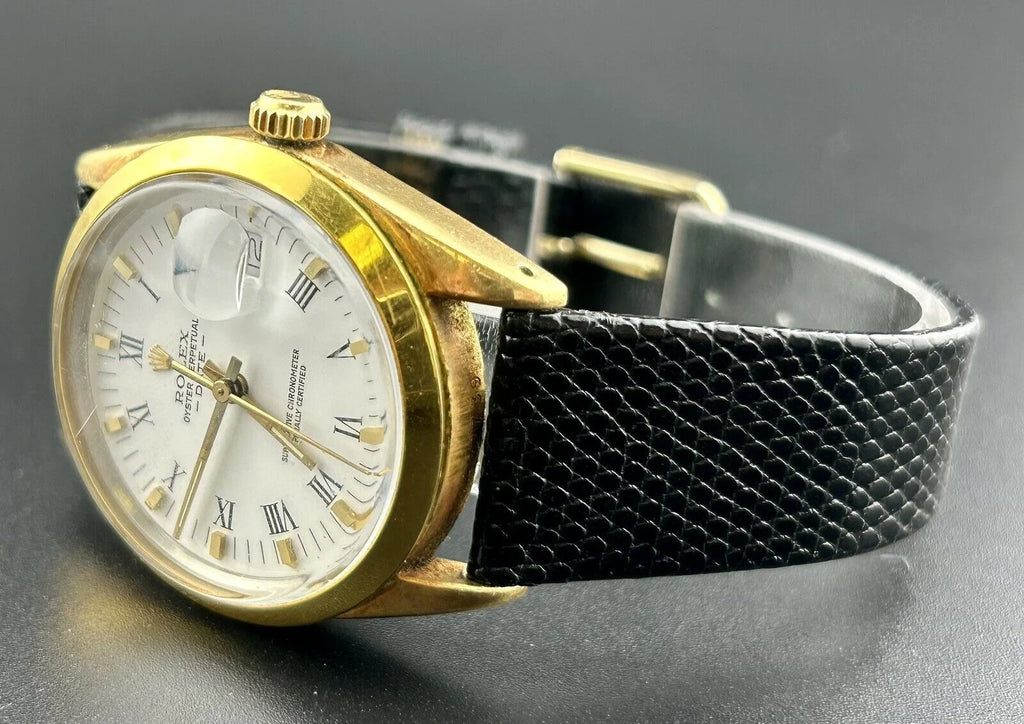 Gold Oyster Men's Rolex Shell Dial Date 15505 Perpetual White Watch Vintage 34mm
