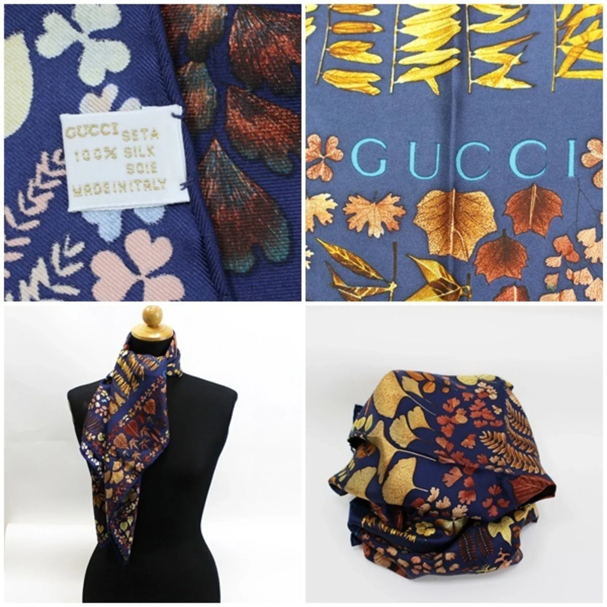 GUCCI x Scarf Navy Gucci Fallen Pattern Brown Leaves (Good) Pre-Owned Muffler Silk Ladies