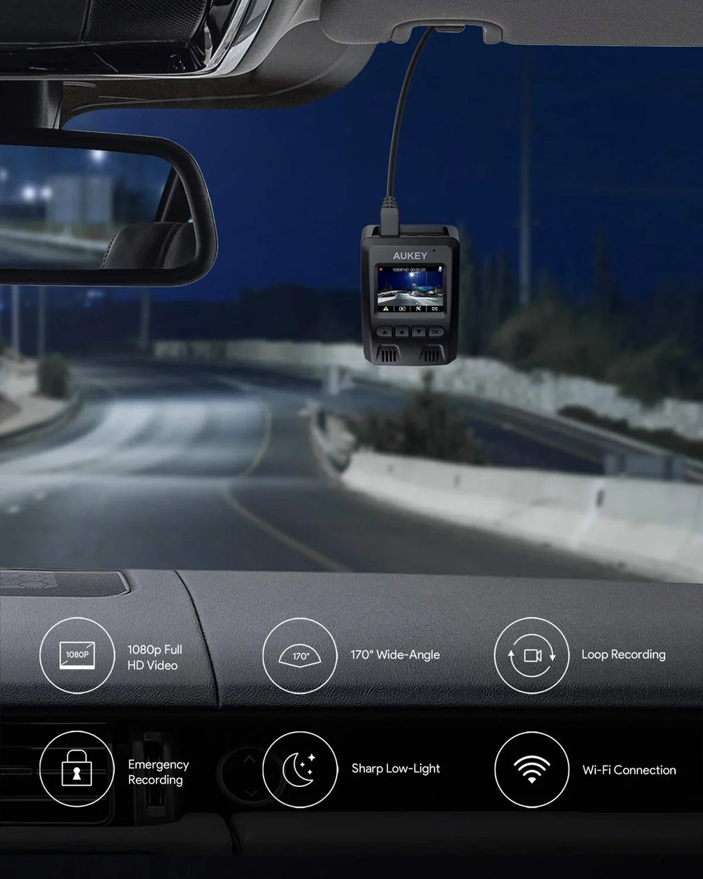 AUKEY Cam, Car Cars, for Angle Lens 1080P FHD Dash Dash Black-DR02 170-Degree Wide 6-Lane Wifi P Camera, Camera
