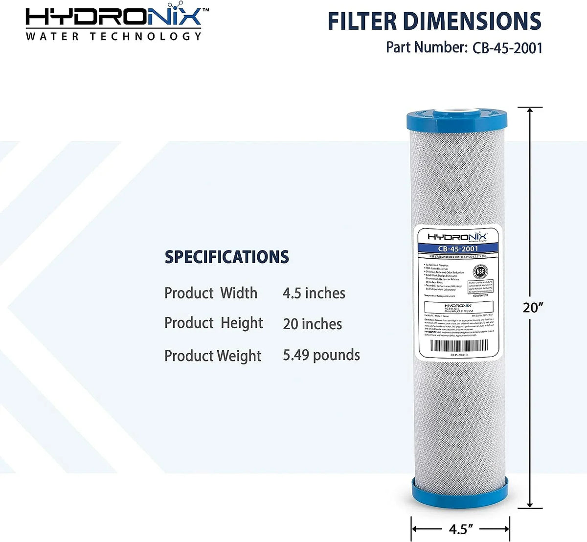 Hydronix Filter Micron 20-inch x 1 Carbon Water Replacement CB-45-2001 4.5-inch