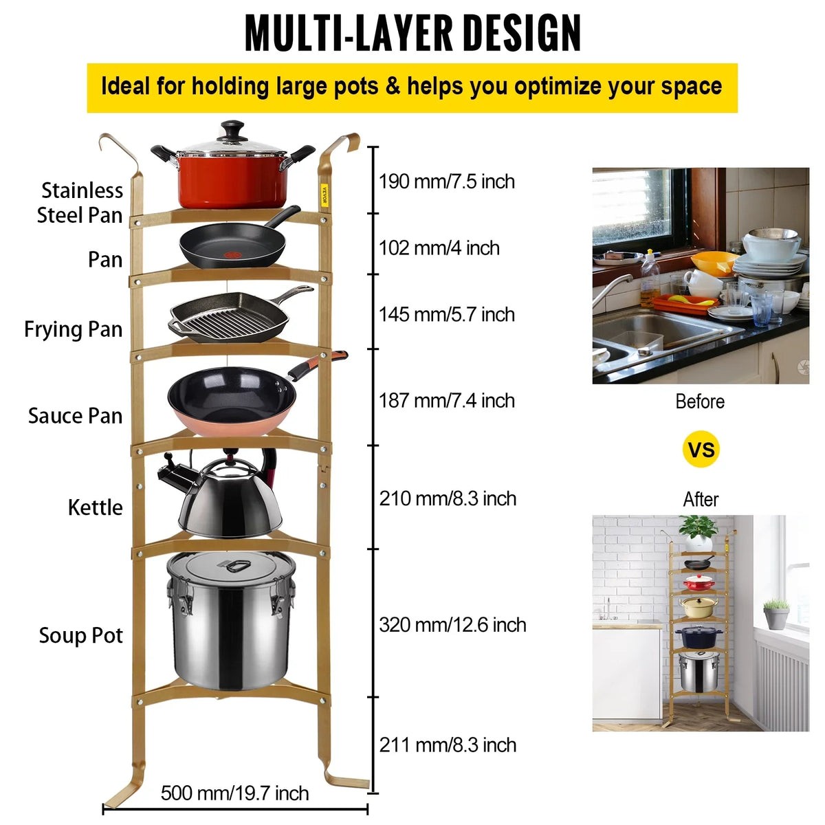 Pans, Cookware Pots, SKYSHALO Copper Cookware Carbon Kitchen Rack Shelf, Rack, Stand, 6-Tier Baskets Unassembled Storage Steel Pot Corner Cookware Storage Tower, for Multi-Layer Kettles 61-inch Shelf