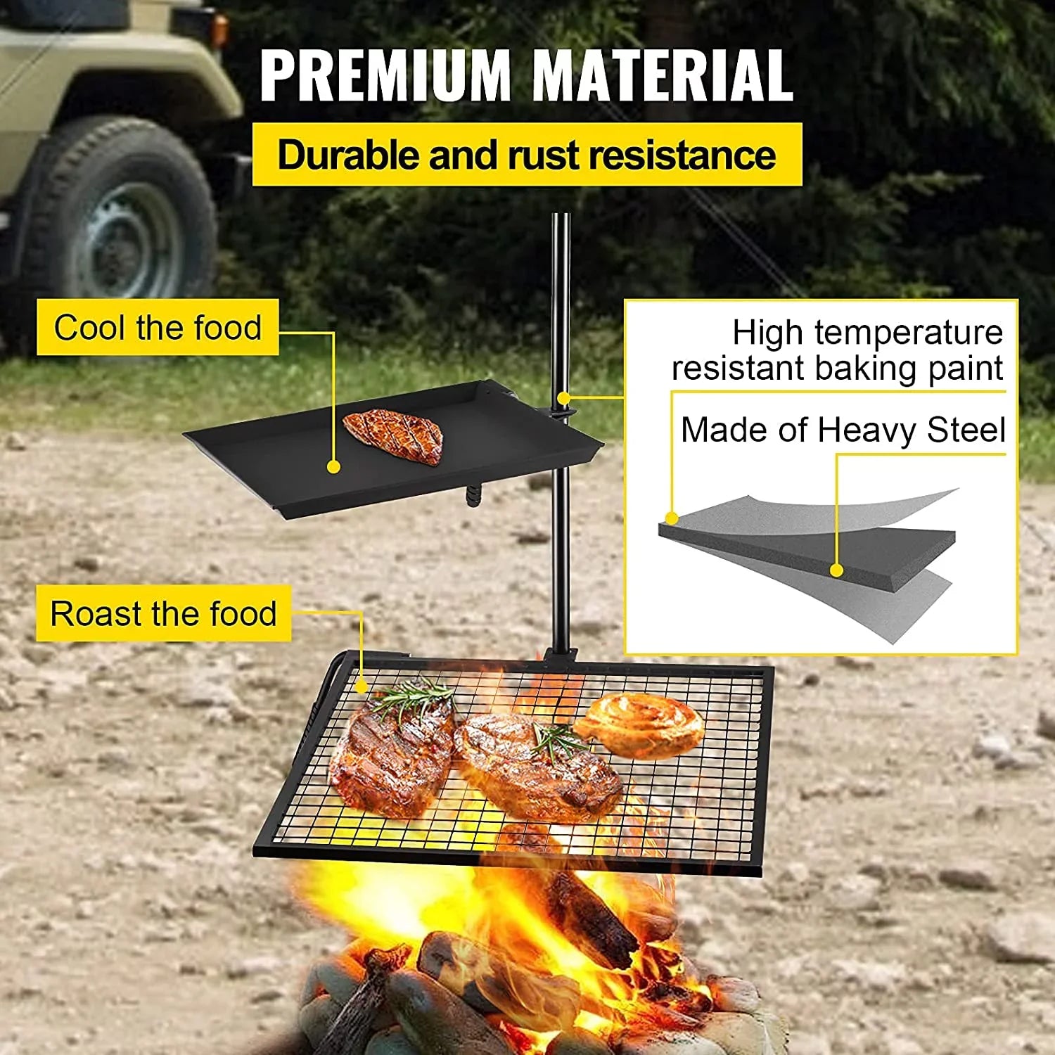 Cooking Open Layer Grate Height Pit Grill for Grill Section Fire Grate,Double Campfire Over Fire Grate Outdoor Pit,Three Grill Adjustable Flame