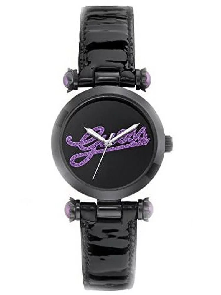 GUESS U0057L6 On Leather Watch Trend Patent Style Logo Purple Strap Glitz Women's Black Iconic