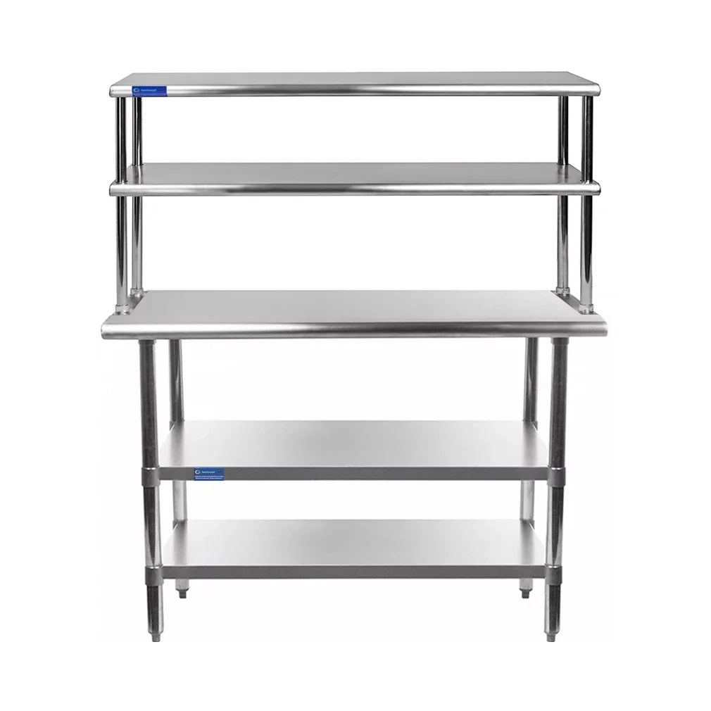 Table With Two 12" Overshelf Kitchen Steel Prep Shelving Tier Wide Metal & 30" Table Shelves Double Combo Work | Stainless 24" | x