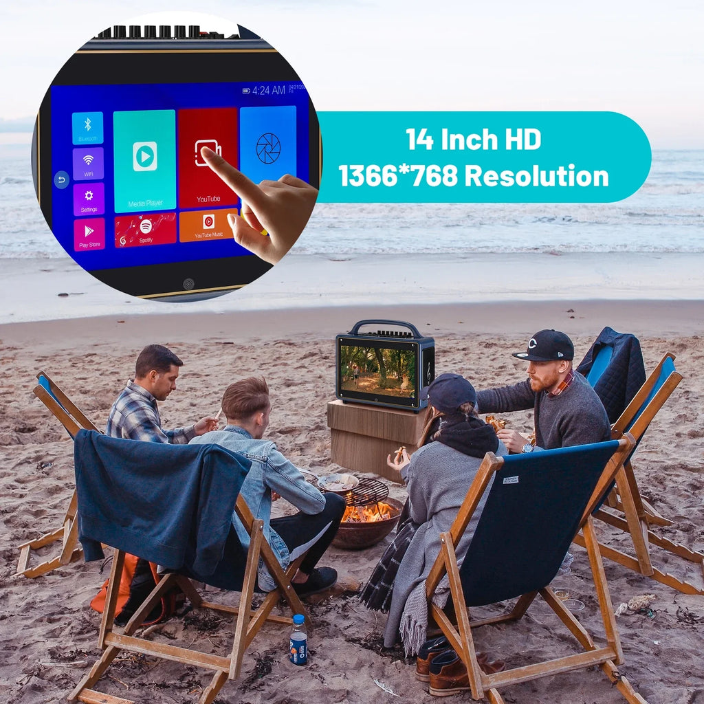 Screen/Android Machine Loudspeaker BT Wireless Adults&Kid,14”HD Touch Microphone/WiFi/USB/SD/PC/TV/Phones/HDMI for Karaoke 12/4+64G,Support Systems transportable Streaming
