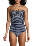 Neck Cup 4 Stretch Tie Bandeau One Molded Piece Coverage Swimsuit TOMMY Navy Women's Moderate Striped Lined HILFIGER