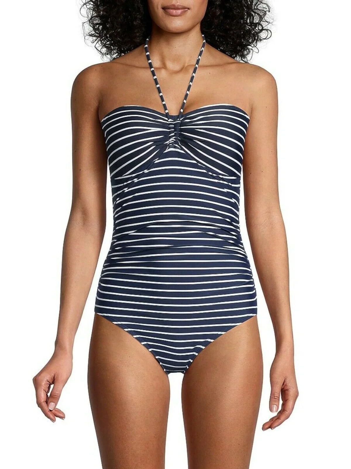 Neck Cup 4 Stretch Tie Bandeau One Molded Piece Coverage Swimsuit TOMMY Navy Women's Moderate Striped Lined HILFIGER