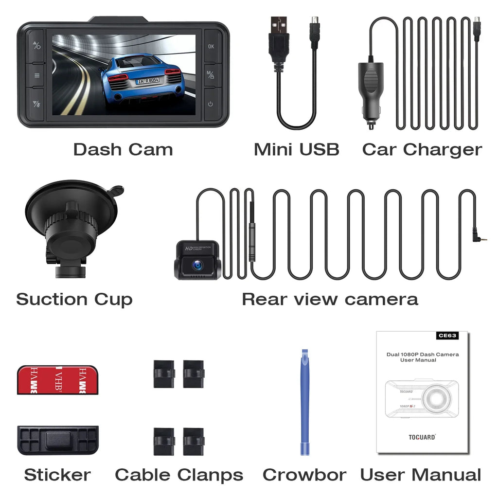 Camera 1080P Dual Dash G-Sensor GPS and Rear Recording IPS TOGUARD Black Camera WDR Loop Cam 3" Dash Car FHD Front