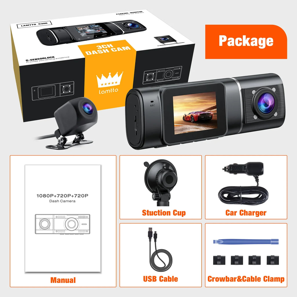 Detection Cam Camera Accident Camera Way Vision Rear 1080P Parking Lock Dash Car Motion Triple Night with Channel IR Three Inside Dash Front and Monitor TOGUARD 3