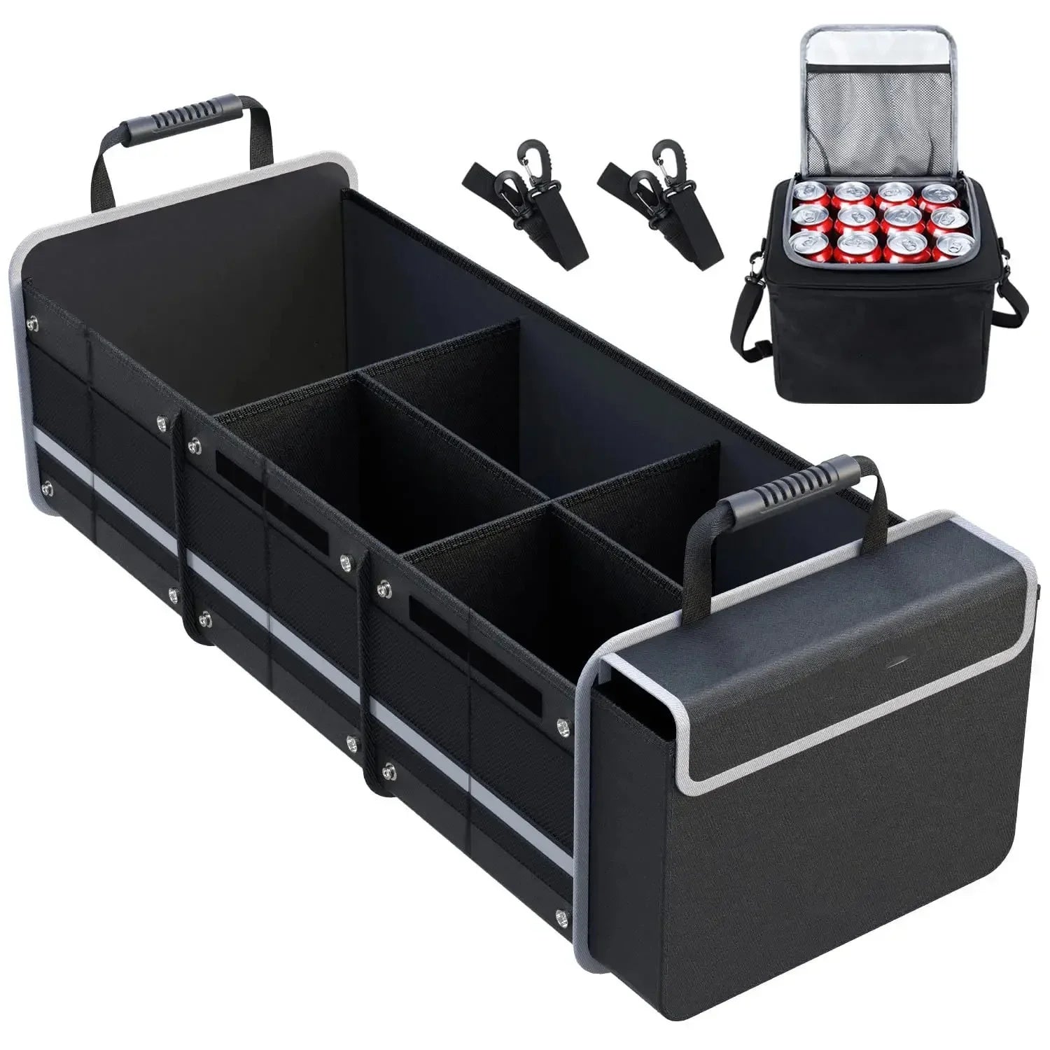 SUV D Dividers, Removable & - Storage Glamor and Cooler Black 5-in-1 - Straps Bag Cargo Collapsible Solution Lid, Car Leak-proof Trunk with Foldable Insulated Organizer with Tie-Down 2