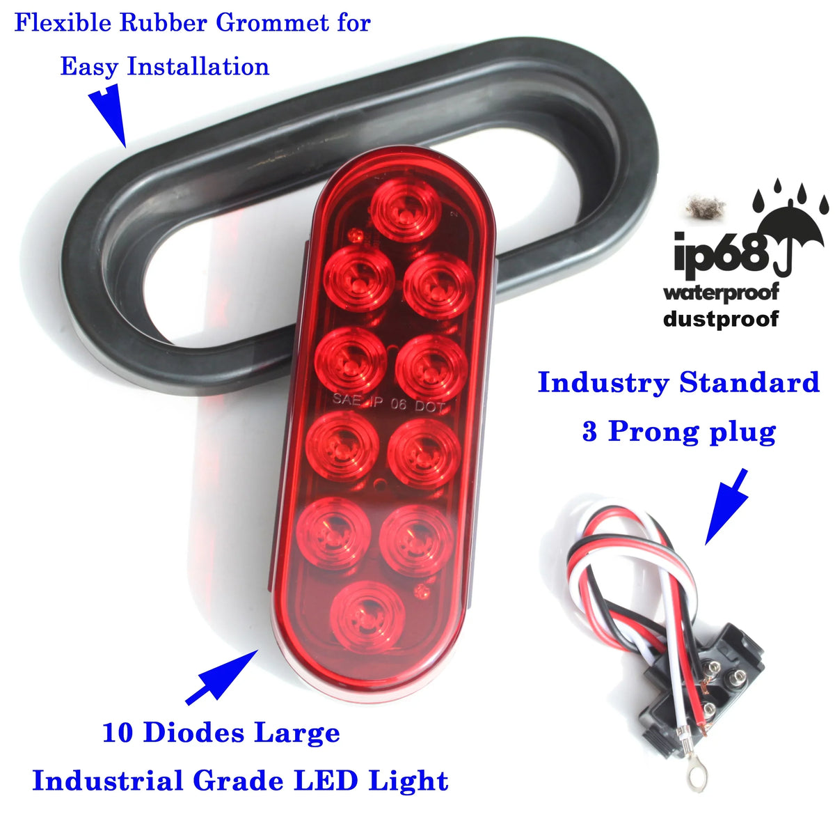 Solid Signal Pigtail Pieces Tail ( Light ) Stop Oval Marker Truck 6" 2 SAE Tractor Turn Brake Grommet for Approved Trailer w Pair Jeep LED DOT Red Kit