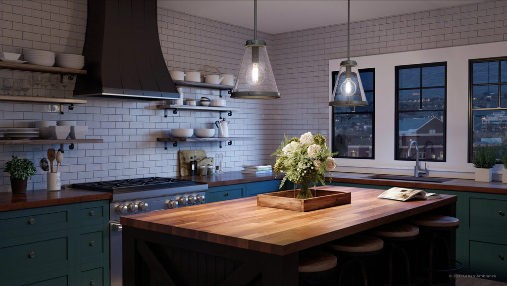 Style Design, Indoor Farmhouse and Transitional UQL4290 Black Clear Elements, with Sand Seeded Glass, 14.75''H x Finish Pendant, Luxury Modern 13.00''W, Casual