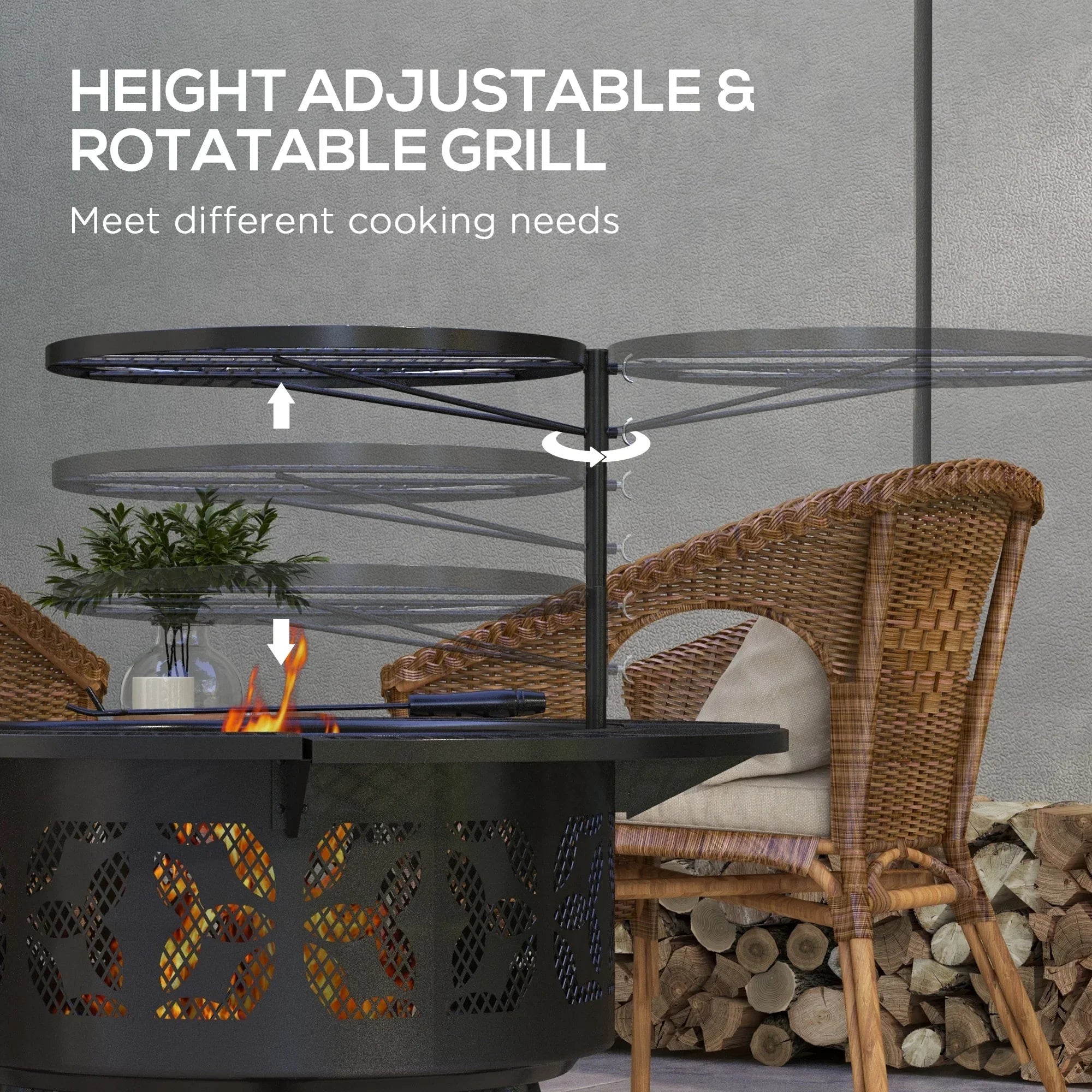 Picnic, for Round, Cooking Adjustable Poker, Backyard, Outdoor Grate BBQ with Wood and Pit Patio, Grill Black 33" Burning Fire Firepit Capri