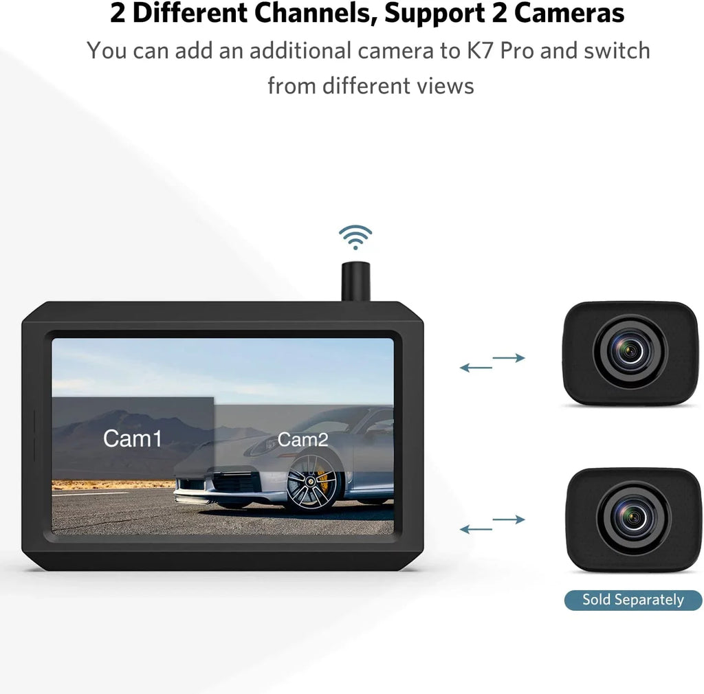Backup View and HD Trucks, TFT-LCD K7Pro Waterproof Rear HD Camera 5″ Cameras, Support Camera Car/SUV/Van/Mini RV/Pickup 2 Monitor Wireless for for