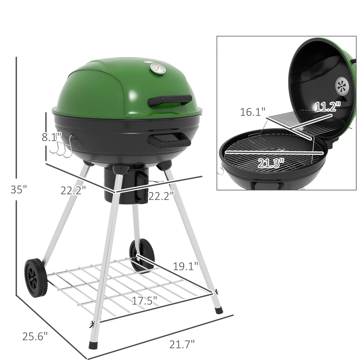 with Sq.In. and Charcoal Backyard Outdoor Cooking Green 21" Thermometer BBQ Area, Party, CoSoTower for Trolley Barbecue Grill Shelf, 360 Ash Built-In with Wheels, Catcher Kettle Patio,