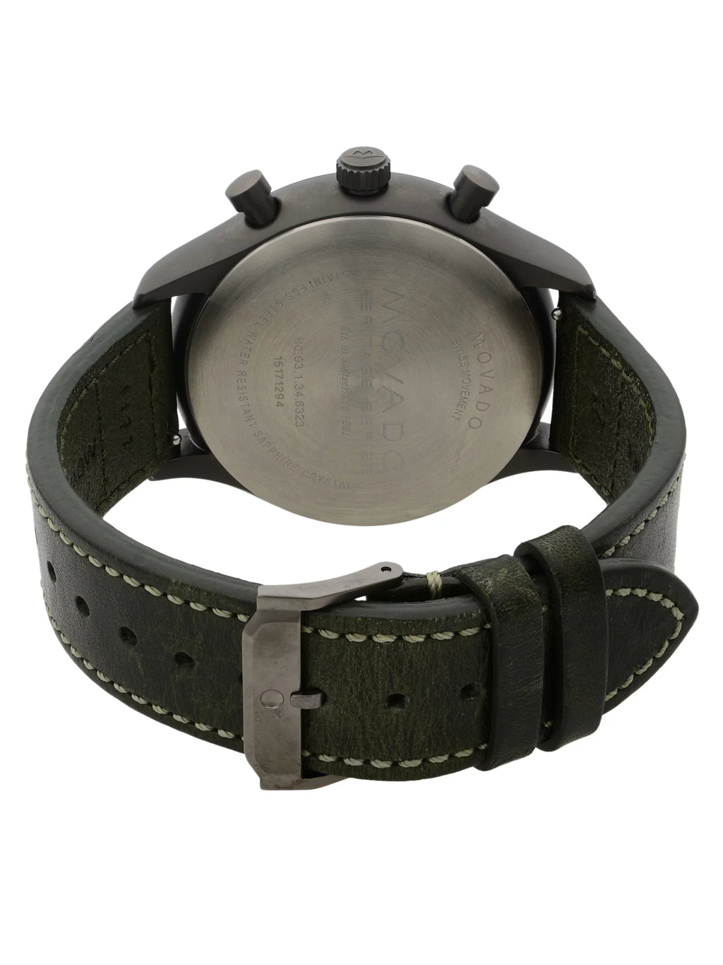 Pre-Owned Green Heritage Quartz Gunmetal Steel Dial 3650029 Watch Movado Leather Black