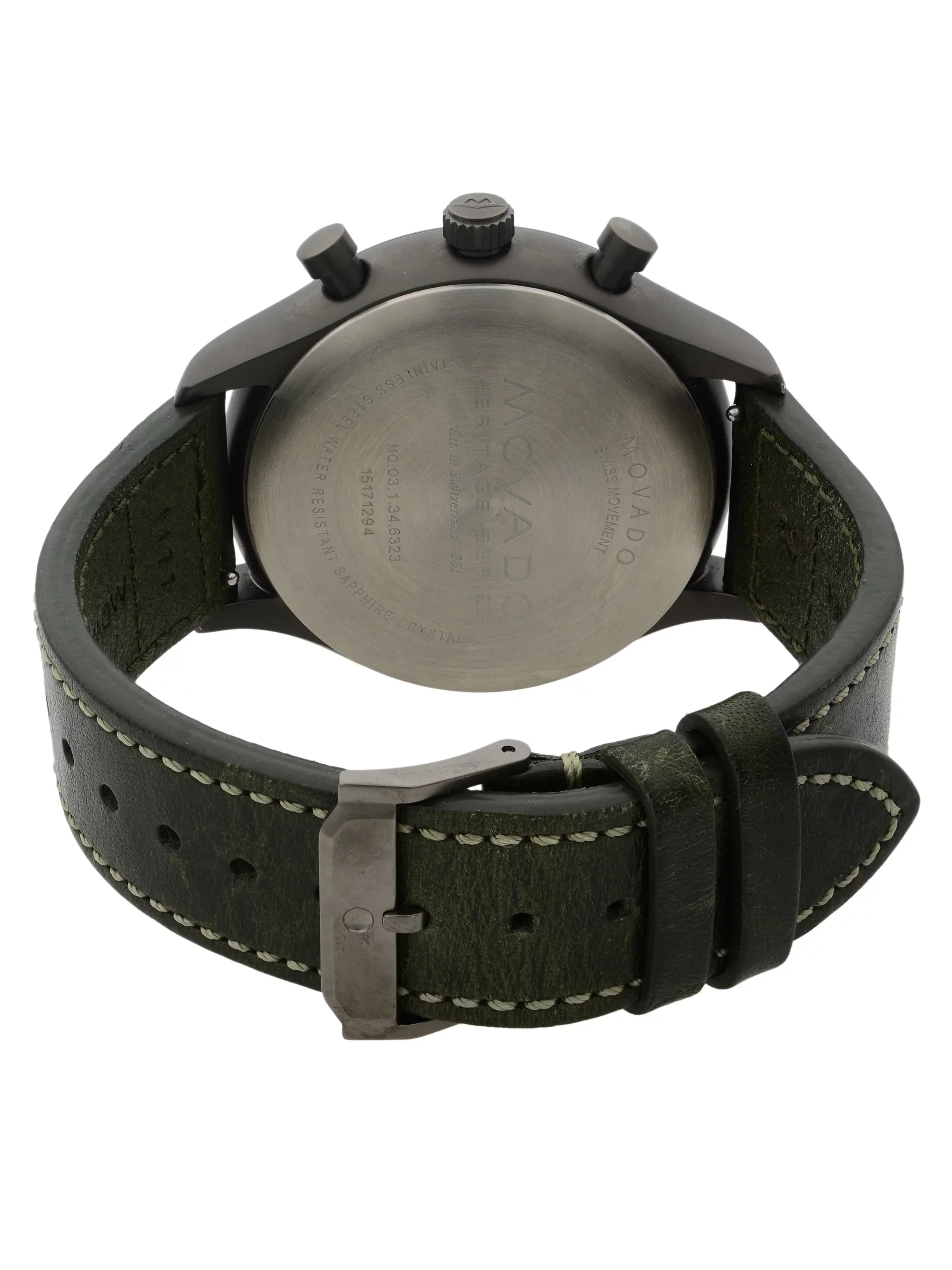 Pre-Owned Green Heritage Quartz Gunmetal Steel Dial 3650029 Watch Movado Leather Black