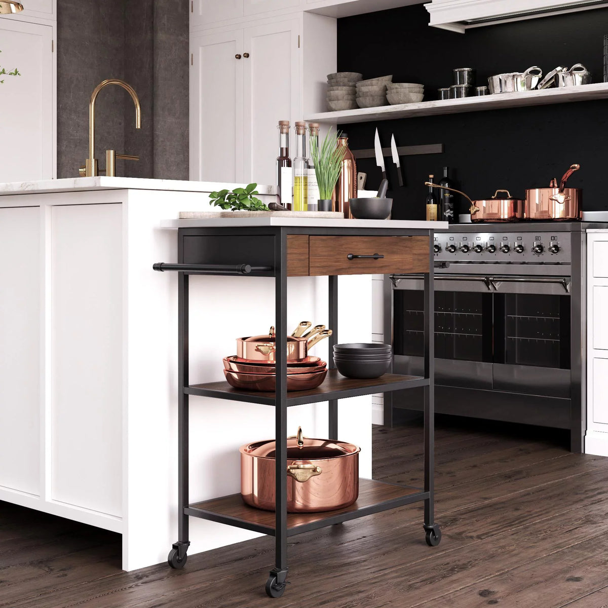Counter DHP Black Brown Frame, Metal Stainless Top, Pantry Kitchen Kane Cart, Storage, Steel