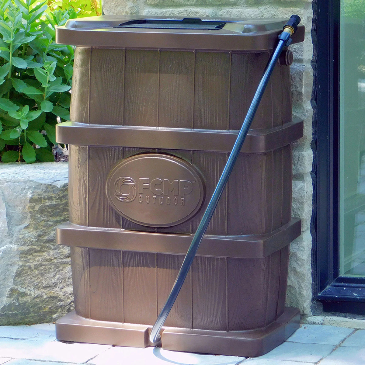 FCMP Outdoor Gallon Rain Catcher 45 Wood Barrel, WG4000 Grain Brown Water