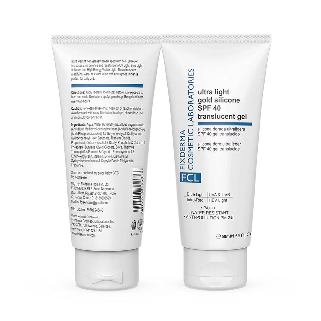 Acne Prote FIXDERMA Body Sunscreen LABORATORIES Translucent | Moisturizer & Gold Sun Face Light Gel Ultra | for SPF Skin Screen Silicone Prone | for COSMETIC 40