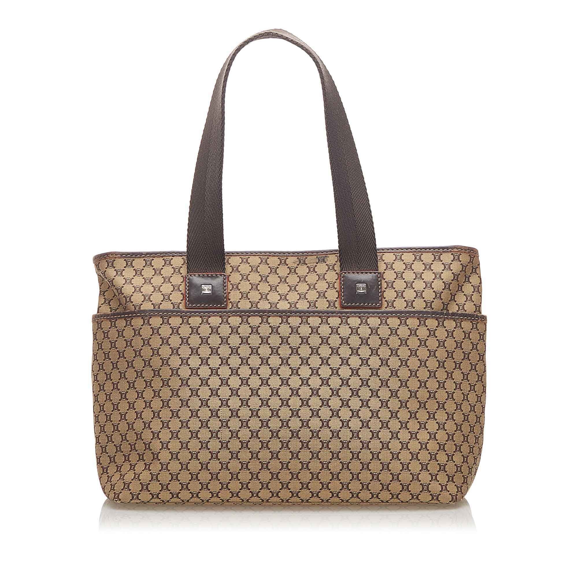 Canvas Women Authenticated Handbag Celine (Good) Brown Top Macadam Pre-Owned Fabric HandleBag