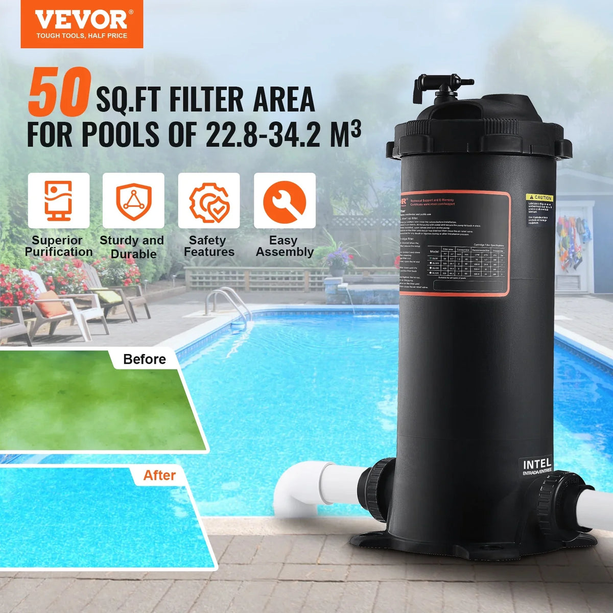 Filter Ground Pool SKYSHALO In/Above 50Sq.Ft Pool Filtration Cartridge Swimming