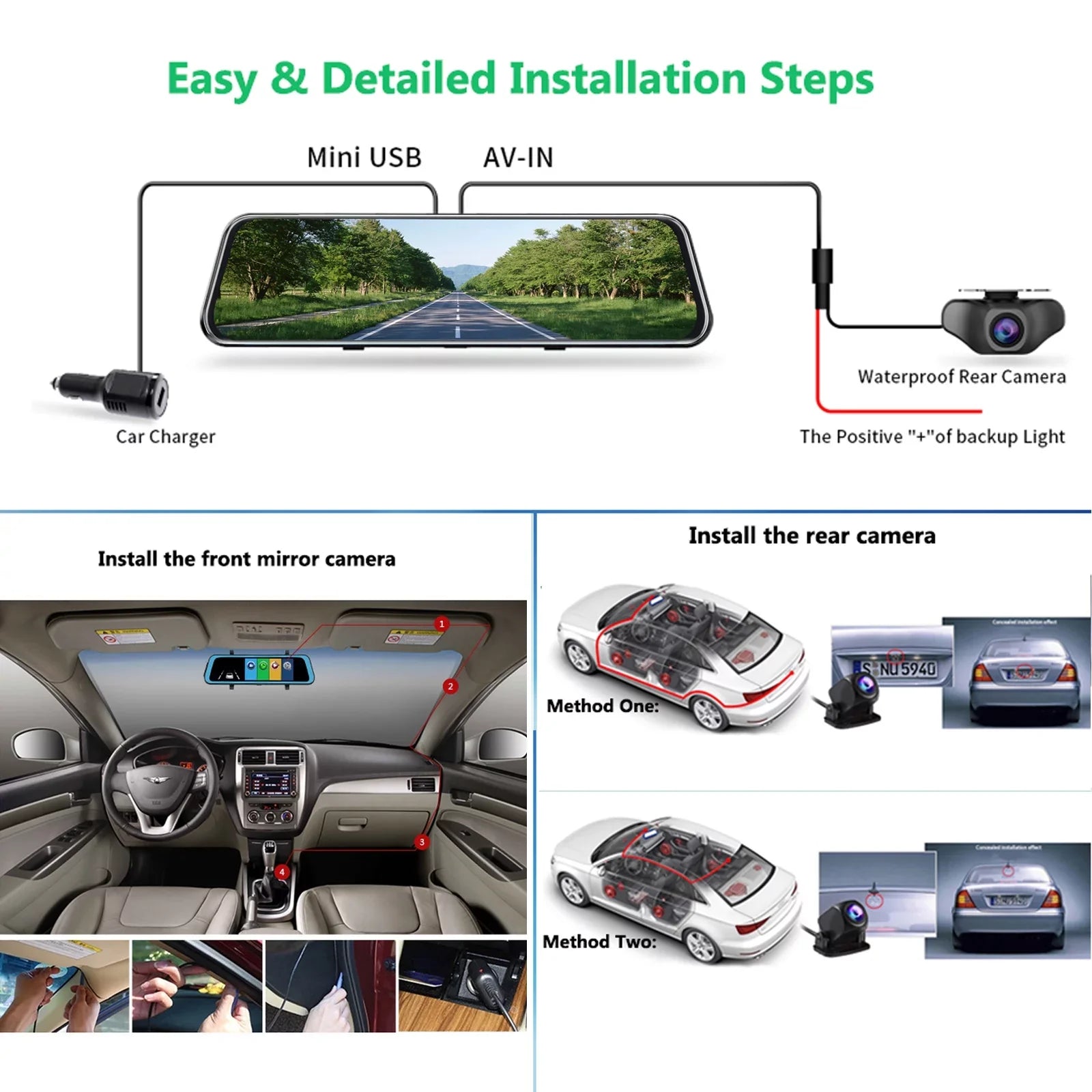 Dash Assistance, Mirror Camera, Vision, Super Motion Kit 10" Night Cars, Rear Recording for View, and Backup 1080P Front Screen Loop Dash Cam Touch Camera Dual Detection,Reversing