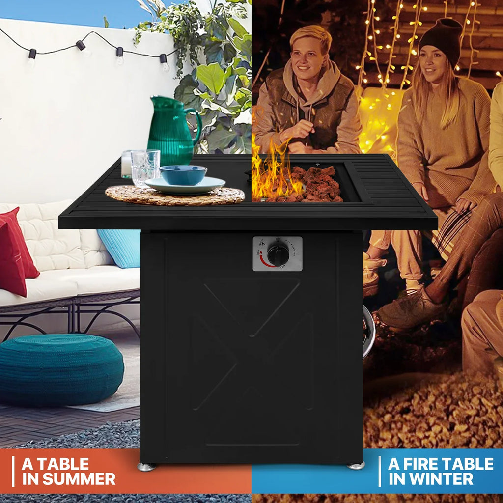 with MoNiBloom Propane Pit Table Gas Patio, Outdoor Lid 50,000 BTU Fire and Rocks Square Metal Fire Lava for Pit Table Black 28"