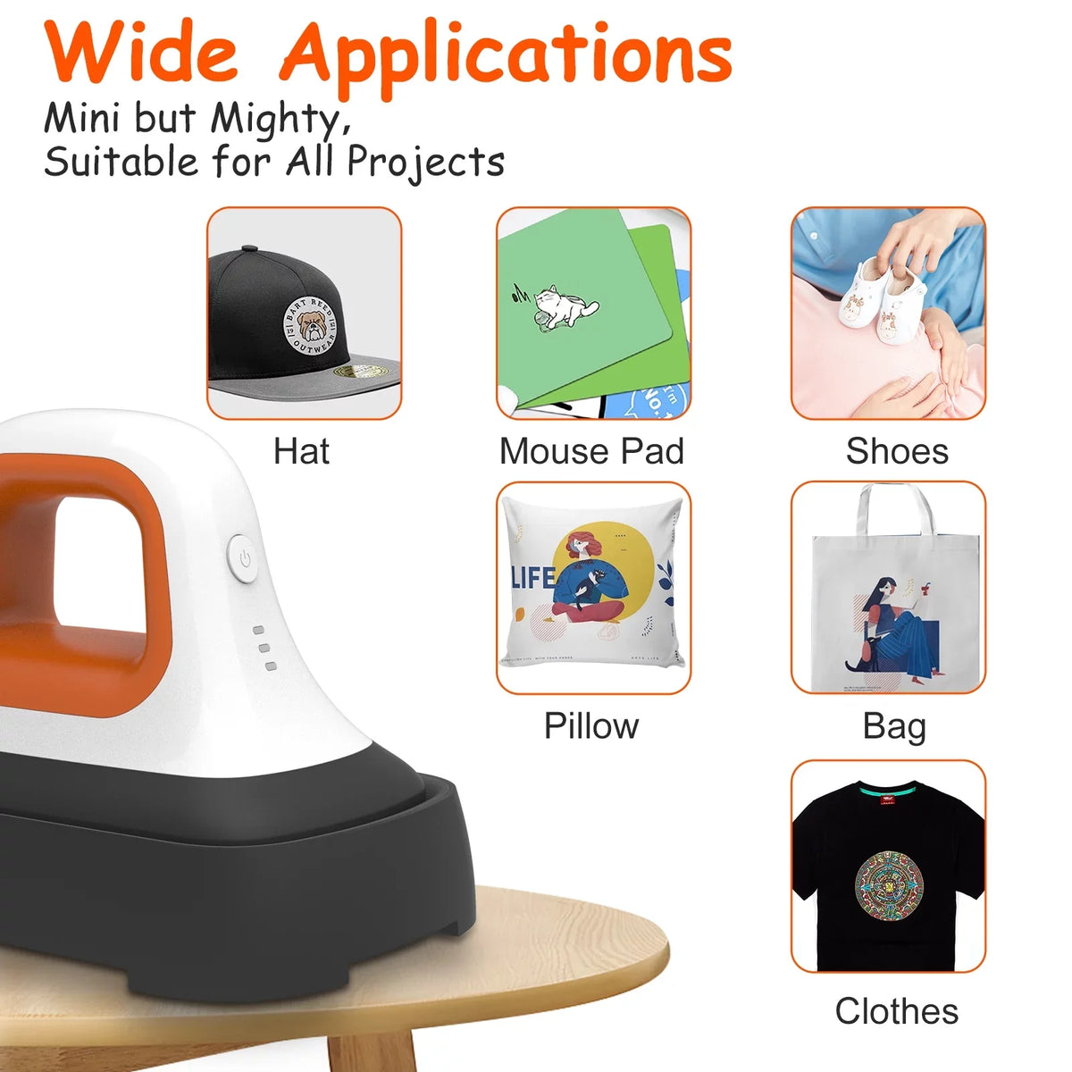 7" Iron for Heat Clothes Heating T-Shirt Fast 3.8" Mini Machine Bags, Heat Machine * Transfer Hat Orange with Press in mobile