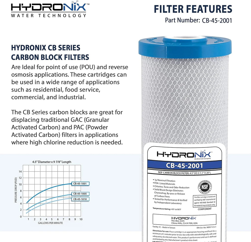 Hydronix Filter Micron 20-inch x 1 Carbon Water Replacement CB-45-2001 4.5-inch