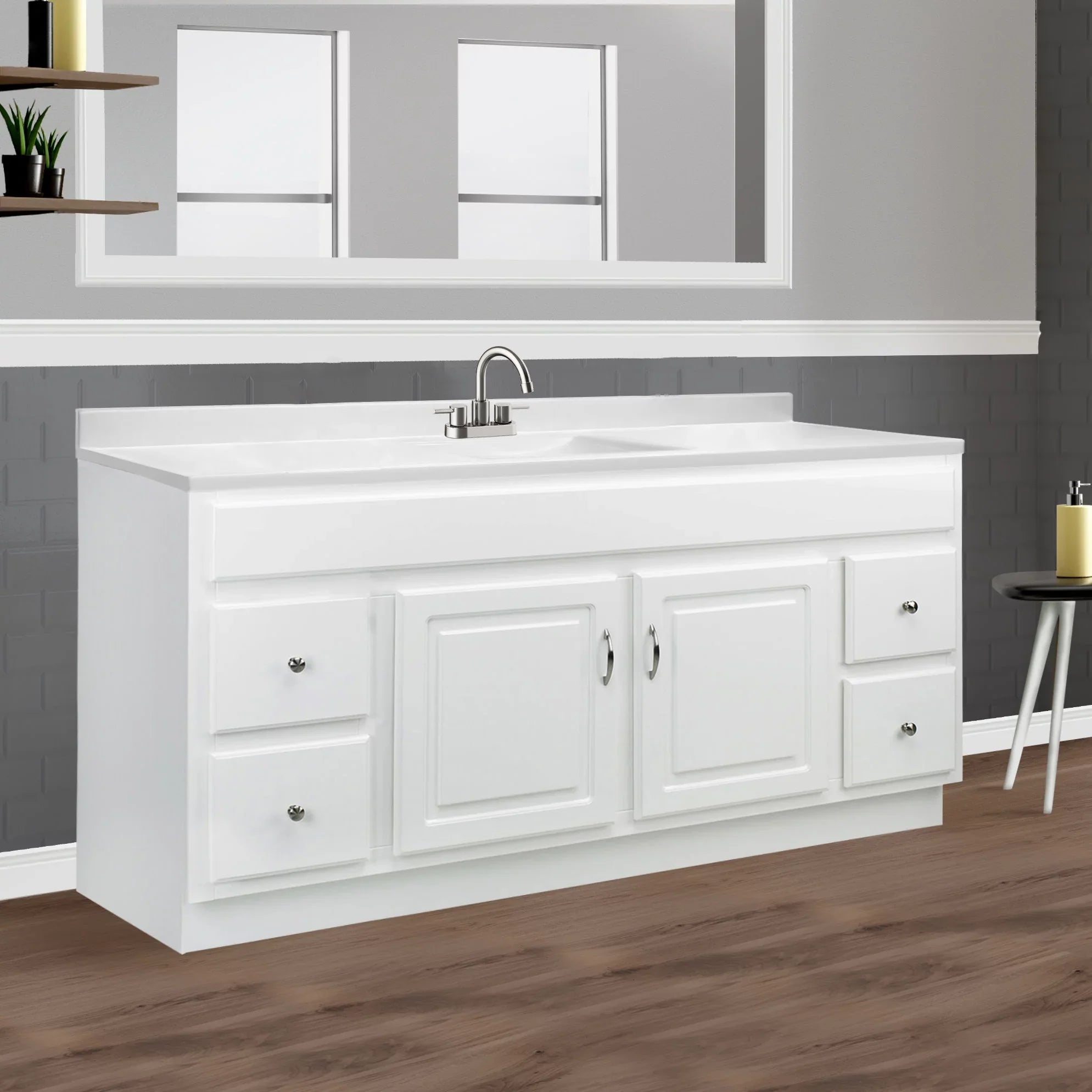Top Centerset Vanity Solid Marble Camilla Single Integrated Cultured House with 61-inch Design Mount White Bow Backsplash, 557660-WHT Rectangle
