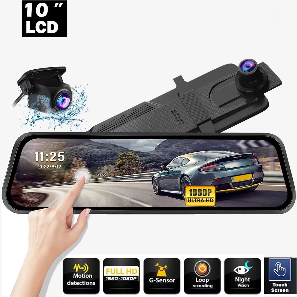 Dash Assistance, Mirror Camera, Vision, Super Motion Kit 10" Night Cars, Rear Recording for View, and Backup 1080P Front Screen Loop Dash Cam Touch Camera Dual Detection,Reversing