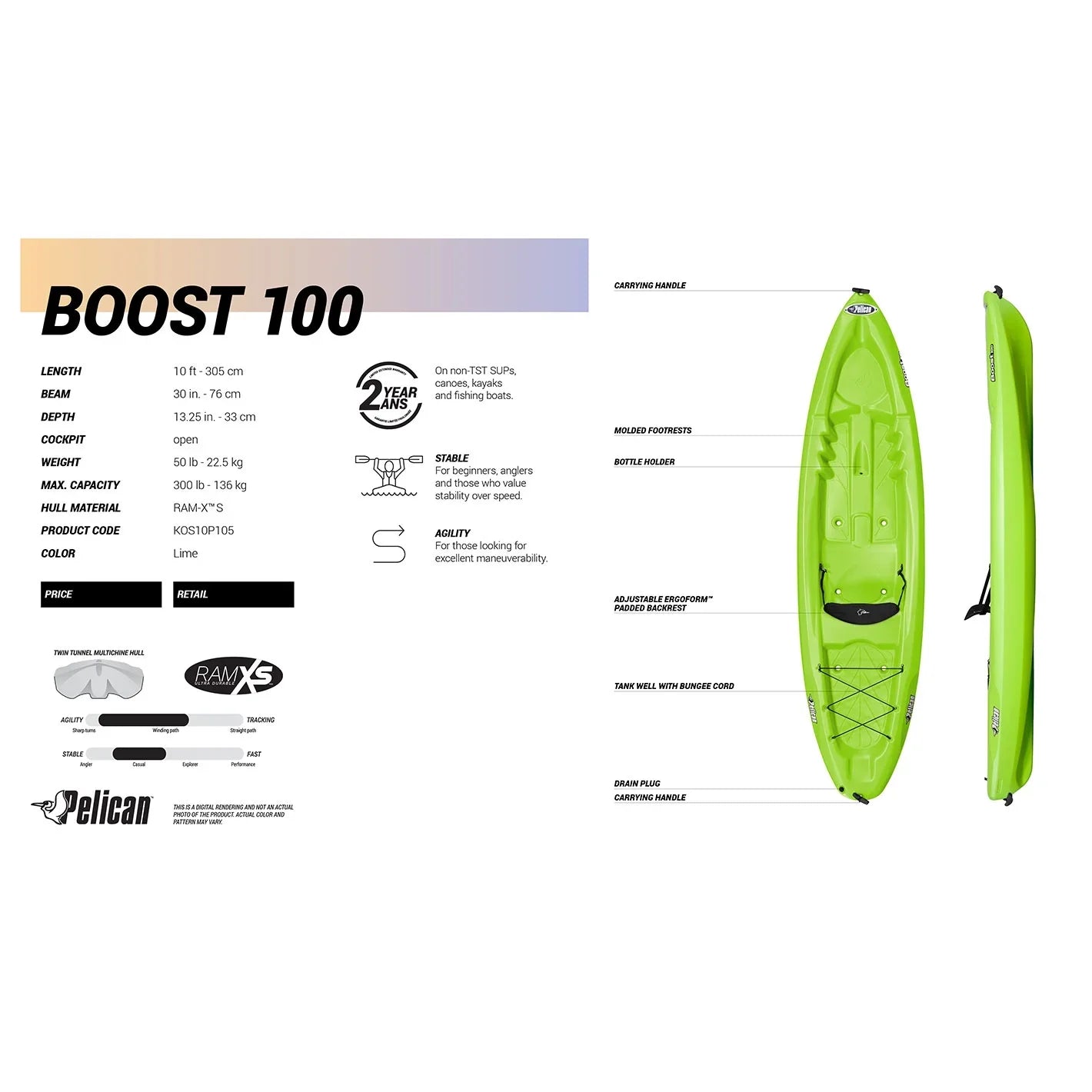 Green Kayak, 10ft Top On Boost Sit 100 Pelican