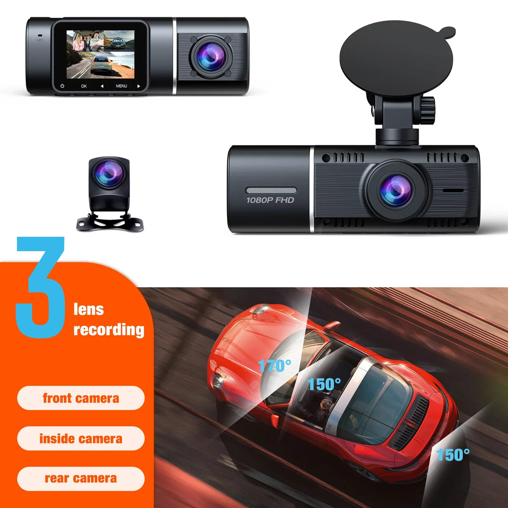 Detection Cam Camera Accident Camera Way Vision Rear 1080P Parking Lock Dash Car Motion Triple Night with Channel IR Three Inside Dash Front and Monitor TOGUARD 3