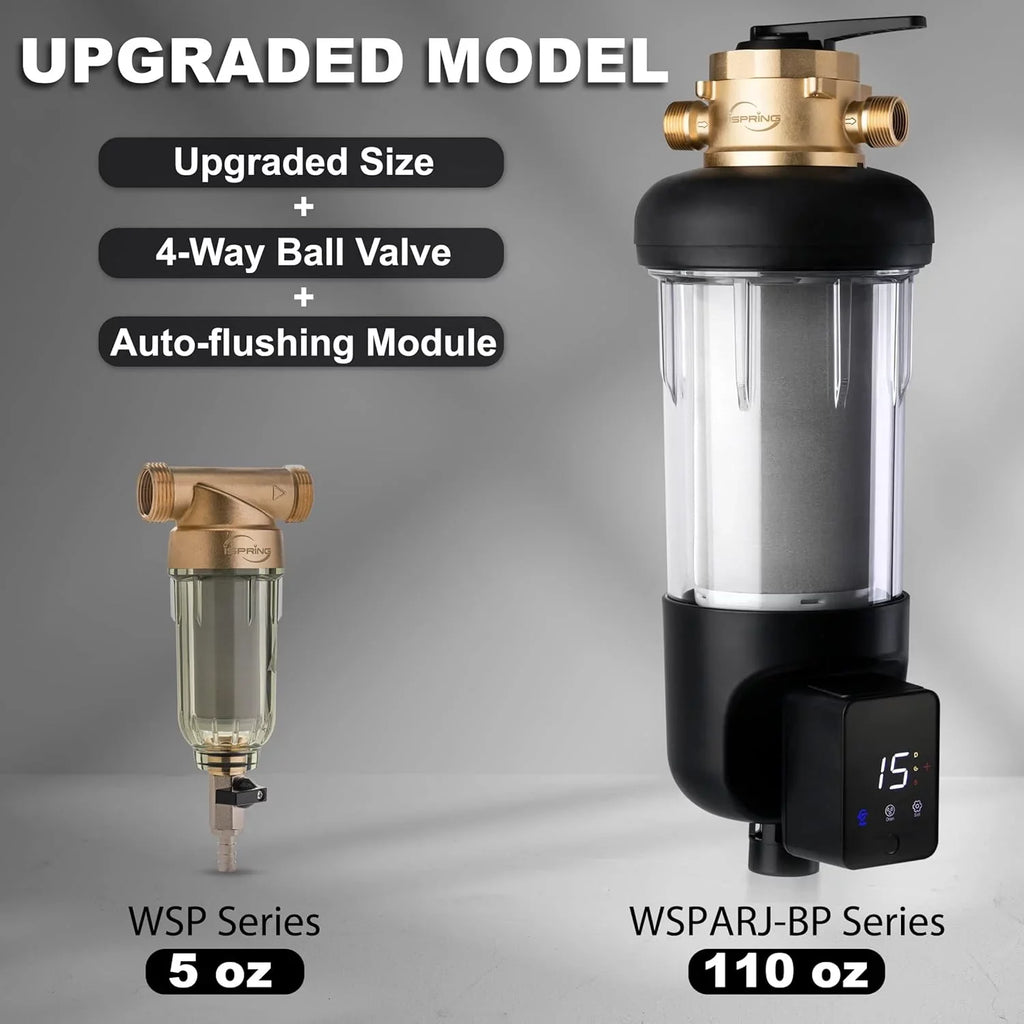WSP100ARJ-BP Spin-Down Auto Upgraded Clear Sediment Whole Filter with iSpring Flushable and Microns Reusable, House Water Touch-Screen Jumbo Modes, Size, Housing, 100 Flushing, Bypass, Prefilter, 4