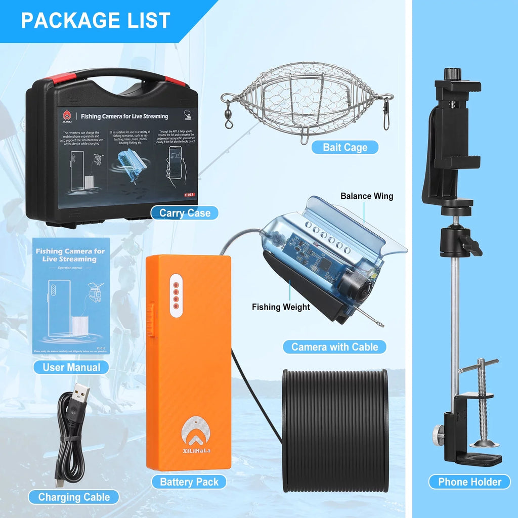 Boat Mobile 1080P Control Ice Cable Fishing Case for Fishing Holder Cage Underwater Live with Carry Sea Video Fish APP Phone with Camera Camera 50M Lake Fishing Bait Finder MIXFEER Kayak