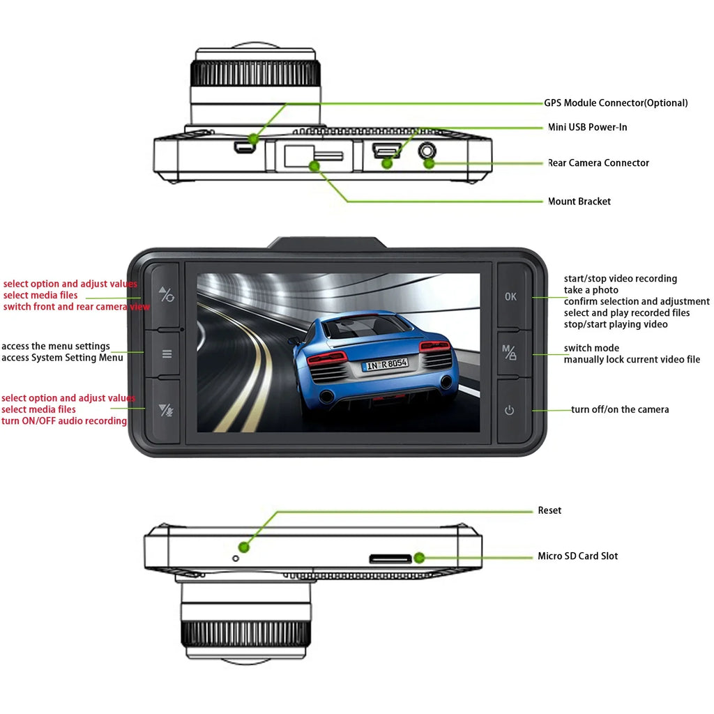 Camera 1080P Dual Dash G-Sensor GPS and Rear Recording IPS TOGUARD Black Camera WDR Loop Cam 3" Dash Car FHD Front