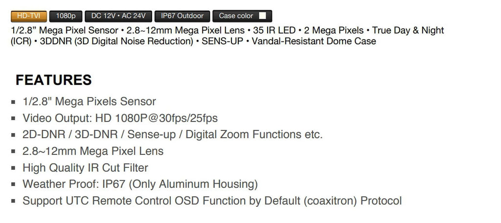 2.8-12mm, IR Power Camera Eyemax HD-TVI Dual TIV-134V-W IR Vandal LED 1080p 35 DOME