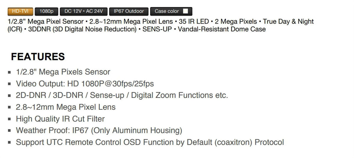 2.8-12mm, IR Power Camera Eyemax HD-TVI Dual TIV-134V-W IR Vandal LED 1080p 35 DOME